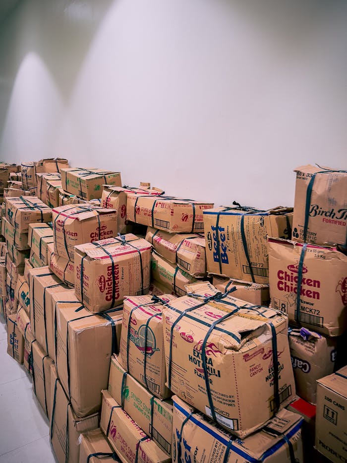 Large stack of cardboard boxes in a warehouse setting in Central Visayas, Philippines.